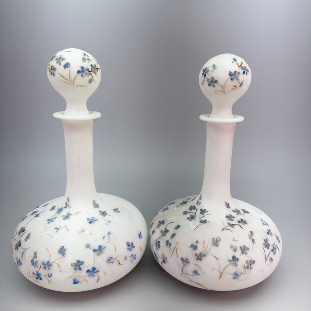 Antique Victorian HandPainted Milk Glass Decanters Barber Dresser Bottles